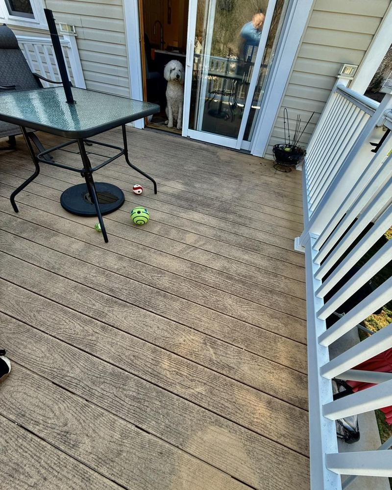 Composite deck boards coated in gray-green algae film before cleaning at a Frederick County home