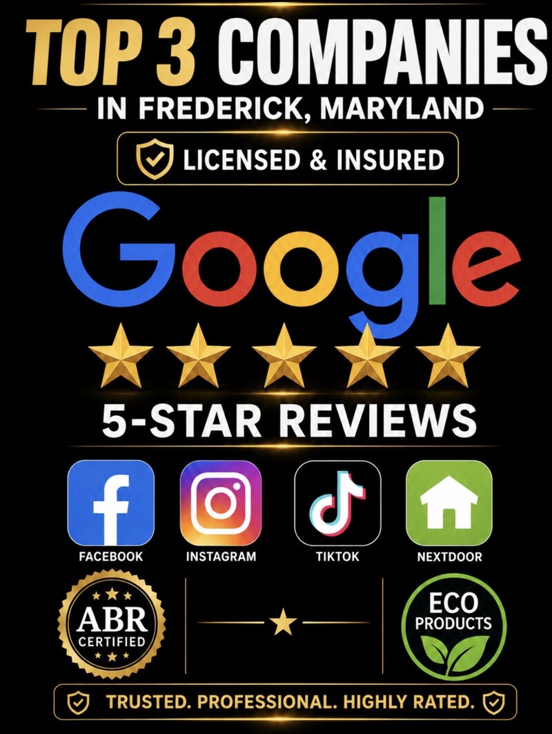 EP-PowerWash promotional graphic reading Top 3 Companies in Frederick, Maryland, with licensed and insured, Google five-star reviews, ABR certified and eco products badges